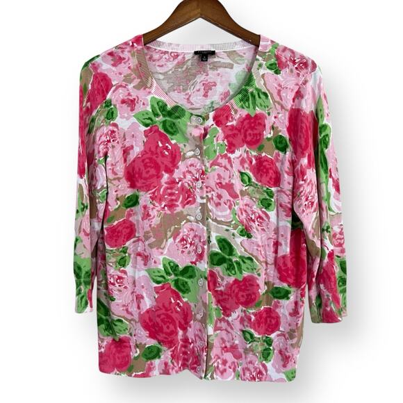 Talbots Floral Rose Cardigan Sweater Womens X 0X Pink Green 3/4 Sleeve Button Up - Picture 1 of 7